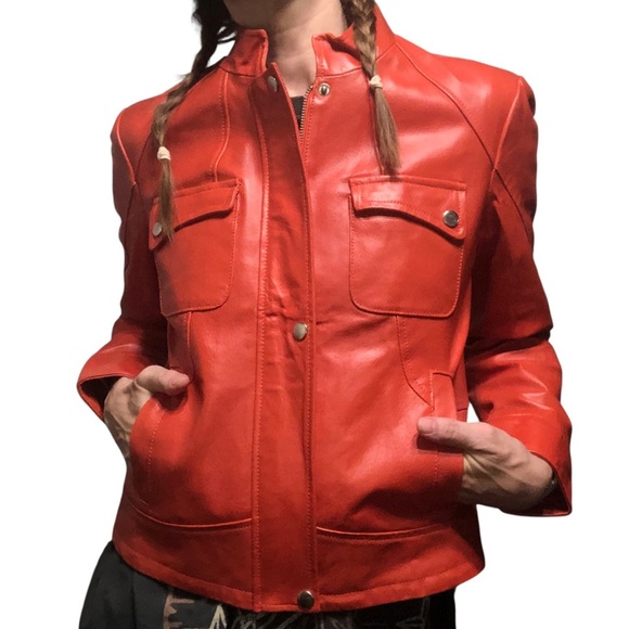 Vtg 90's Y2K Metrostyle Leather Jacket Sz 6 Snap Button Western Pockets Orange - Picture 1 of 11